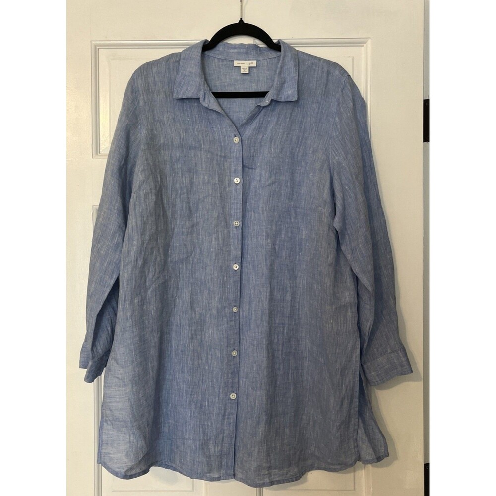 J Jill Linen Shirt Dress Large Petite Blue Cover Up Coastal Beach Minimalist - Picture 1 of 7